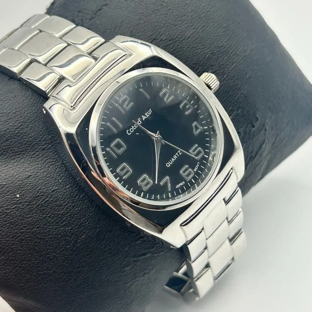Cote d'Azur Silver Tone Black Dial Stainless Steel Men’s Watch New Battery